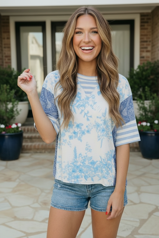 Blue Toile Mixed Print Oversized Tee