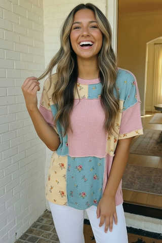 Patchwork Floral Waffle Knit Top