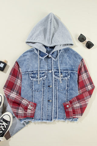 Fresh Start Raw Hem Drawstring Plaid Denim Jacket