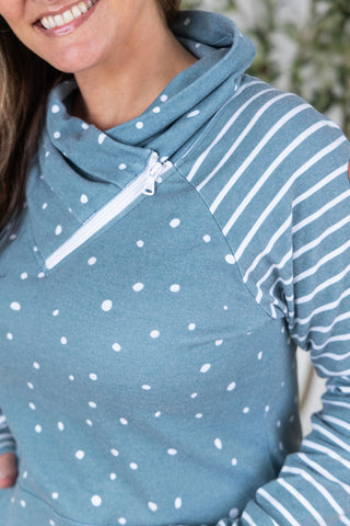 IN STOCK Zoey ZipCowl Sweatshirt - Teal Dots and Stripes