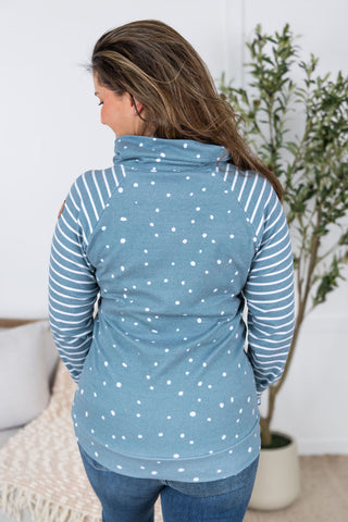 IN STOCK Zoey ZipCowl Sweatshirt - Teal Dots and Stripes