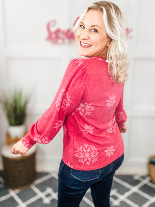 Holiday Ready Red Snowflake Brushed Hacci Sweater Top