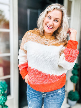 Adorable You Camel & Orange Color Block Sweater