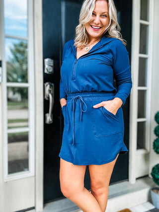 Getting Out Long Sleeve Hoodie Romper in Navy