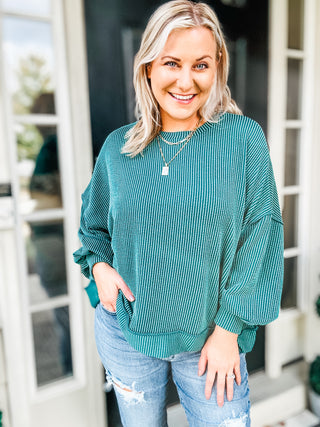 Weekend Ready Hunter Green Mineral Wash Rib Pullover Top II