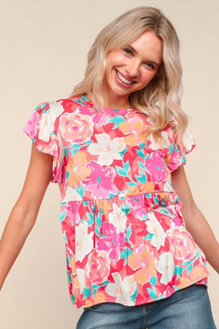 Feeling Femme' Coral Floral Print Folded Short Sleeve Babydoll Top