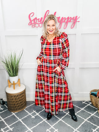 Adorable In Red Plaid Ruffle Detail Fit Flare Midi Dress – Soul
