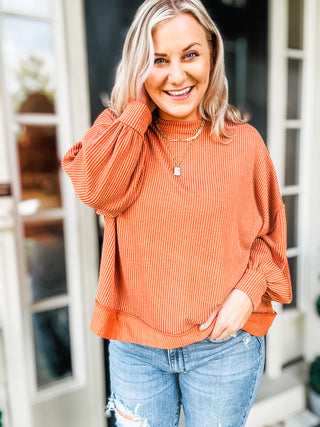 Weekend Ready Rust Mineral Wash Rib Pullover Top