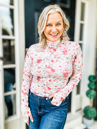 Out To Lunch Floral Mock Neck Sheer Long Sleeve Blouse