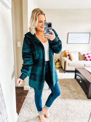 Let's Stay Home Plaid Hooded Blanket Cardigan