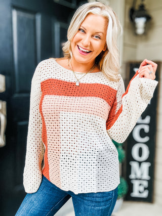 Some Kind Of Wonderful Openwork Color Block Long Sleeve Knit Top