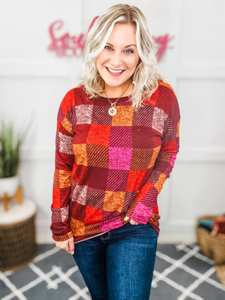 You Got This Burgundy Checker Plaid Print Hacci Knit Top