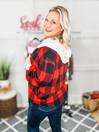 Stepping Out Red Buffalo Plaid Ribbed Hooded Sweater