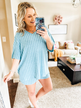 Mellow Days Cozy Ribbed Hacci Knit Shorts and Short Sleeve Lounge Set