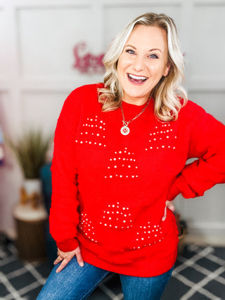 More The Merrier Red Pearl Christmas Tree Jacquard Sweater