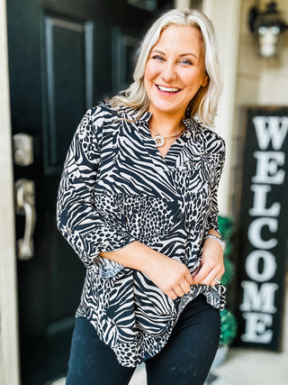 Lizzy Top in Black and Taupe Animal Print