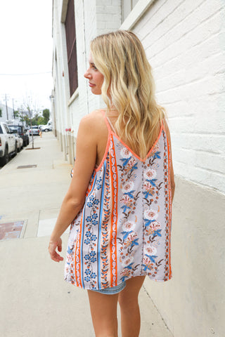 Sunny Days Coral Ruffle V Neck Floral Print Sleeveless Top