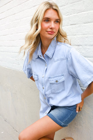Casual Chic Blue Cotton Denim Snap Button Flap Pocket Top