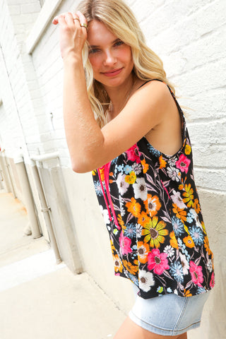 Flower Power Black Sleeveless Babydoll Bow Tie Top