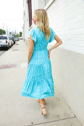 Find Love Blue Boho Print Flutter Sleeve Fit & Flare Dress