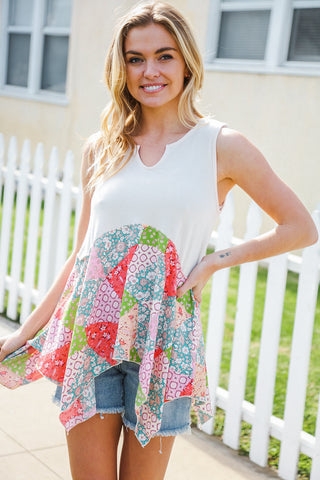 Feeling Femme Beige Patchwork Notched Neck Shark bite Top