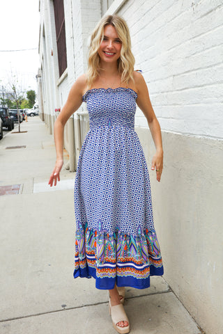 Follow Me Navy Boho Print Smocked Shoulder Tie Border Hem Dress