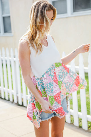 Feeling Femme Beige Patchwork Notched Neck Shark bite Top