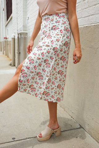 Put Together Ivory Front Slit Floral Print Lined Midi Skirt