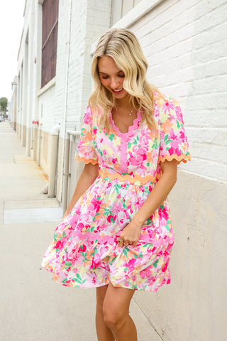 Beautiful You Rose Floral Print Ric Rack Trim Babydoll Dress