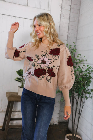 Scarlet Petals Bubble Sleeve Sweater