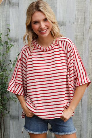 Casual Chic Cotton Red & Cream Stripe Raglan 3/4 Sleeve Pullover
