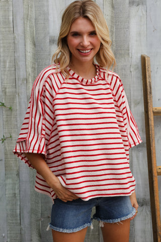 Casual Chic Cotton Red & Cream Stripe Raglan 3/4 Sleeve Pullover