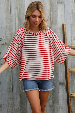 Casual Chic Cotton Red & Cream Stripe Raglan 3/4 Sleeve Pullover