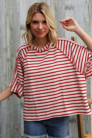 Casual Chic Cotton Red & Cream Stripe Raglan 3/4 Sleeve Pullover