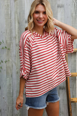 Casual Chic Cotton Red & Cream Stripe Raglan 3/4 Sleeve Pullover