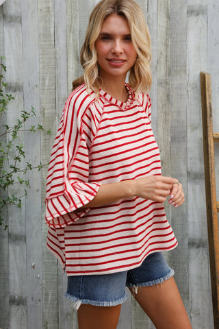 Casual Chic Cotton Red & Cream Stripe Raglan 3/4 Sleeve Pullover