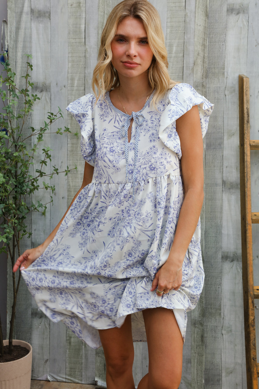 Vintage Vibes Dusty Blue Folded Ruffle Short Sleeve Babydoll Dress Large Vintage Vibes Dusty Blue Folded Ruffle Short Sleeve Babydoll Dress Large