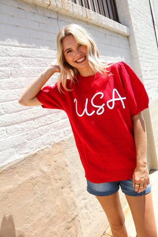 Patriotic USA Red Knit Embroidery Puff Sleeve Sweater Top