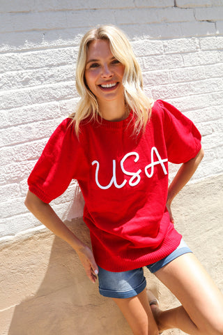 Patriotic USA Red Knit Embroidery Puff Sleeve Sweater Top