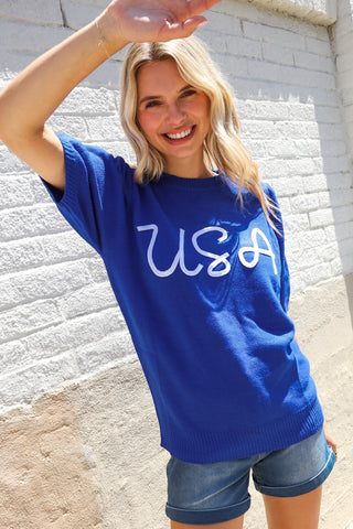 Patriotic USA Blue Knit Embroidery Puff Sleeve Sweater Top