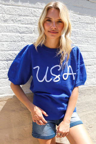 Patriotic USA Blue Knit Embroidery Puff Sleeve Sweater Top
