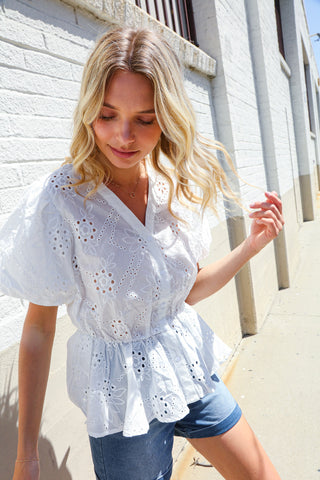 Feeling Femme White Cotton Eyelet Babydoll Button Down Top II
