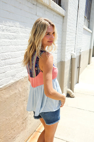 Vacay Vibes Coral/Blue Boho Print Color Block Sleeveless Top
