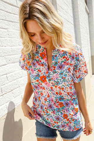 Beautiful You Ivory Floral Print Notch Neck Puff Short Sleeve Top