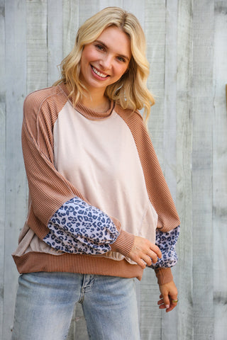 Lock Eyes Taupe & Animal Print Dolman Colorblock Terry Top