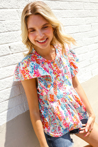 Perfect Find Ivory Floral Leaf Print Short Sleeve Babydoll Top