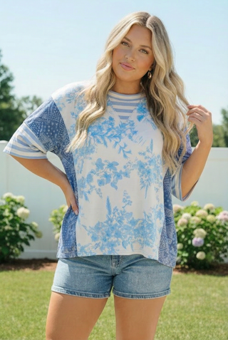 Blue Toile Mixed Print Oversized Tee
