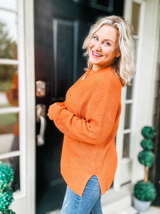 Pumpkin Spice Mock Neck Chest Pocket Knit Sweater