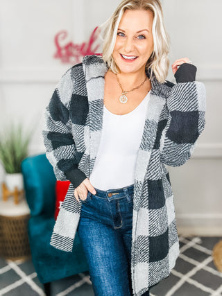 Let's Stay Home Plaid Hooded Blanket Cardigan