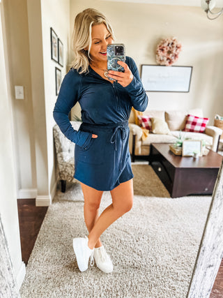 Getting Out Long Sleeve Hoodie Romper in Navy